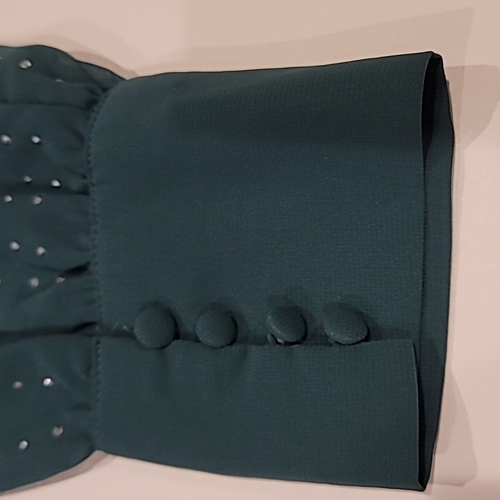 Top Chic Tie Front Semi Sheer Sparkle Studded Cropped Blouse Forest Green L - Picture 9 of 14